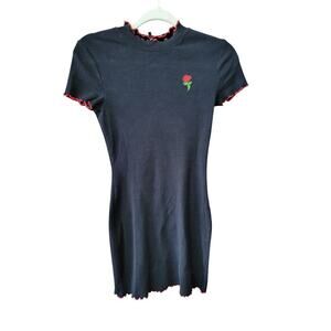 A Lab Black Ribbed Mini Dress Rose Grunge Y2K Size Medium A-Lab Bodycon